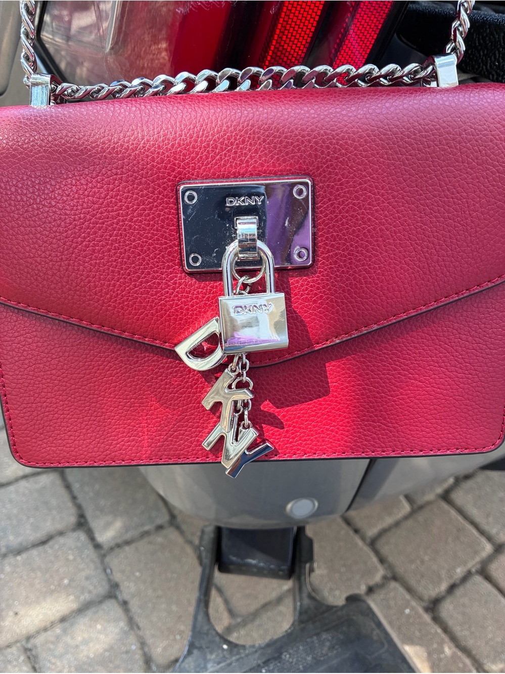 DKNY Red Leather Chain Shoulder Bag with Logo Lock Charm and Charm Letters